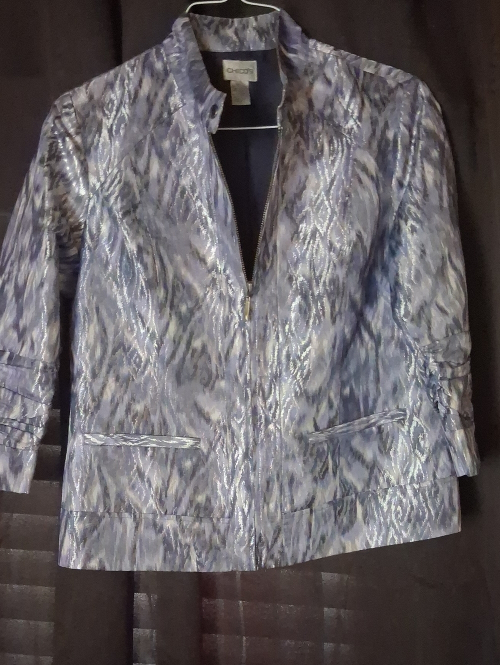 Chico's Blue and Silver Patterned Zip-Front Jacket